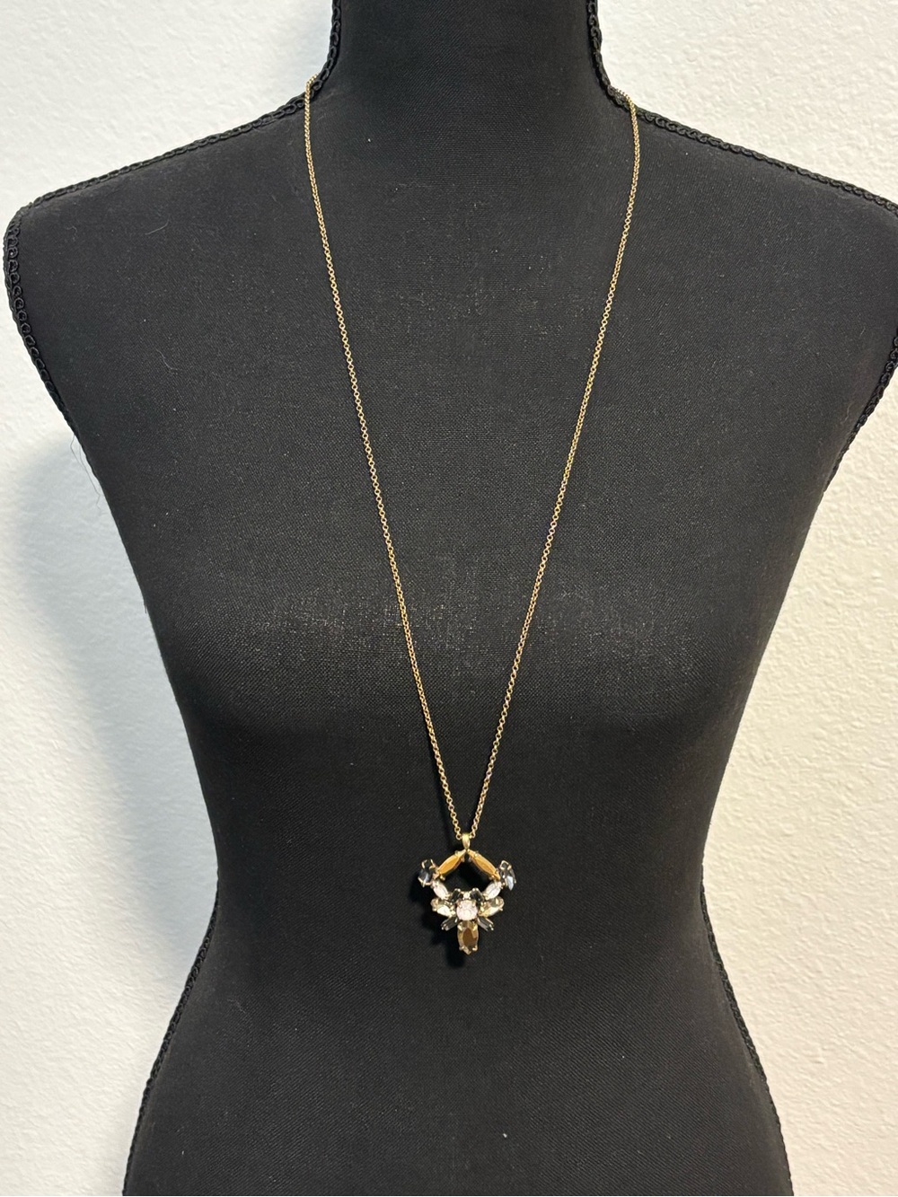 J.Crew Brass-Tone Crystal Pendant Necklace 32”+2”